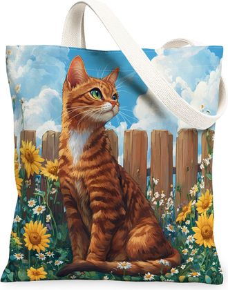 Generic Spring Abyssinian Cat Canvas Tote Bag for Shopping 13x15, Sunflower Fence Kitten Reusable Grocery Print Bag for Women, Farmhouse Pet Beach Aesthetic P