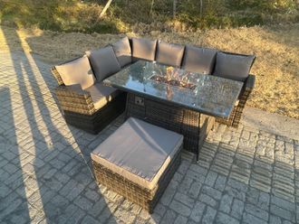 Fimous High Back Rattan Garden Furniture Sets Gas Fire Pit Dining Table Left Corner Sofa Big Footstools 7 Seater in Dark Grey