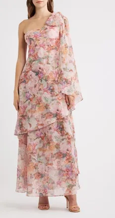 Lulus Amara Floral Print One-Shoulder Chiffon Gown in Pink Floral at Nordstrom, Size X-Large