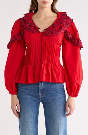 Damson Madder Caroline Embroidered Organic Cotton Peplum Top at Nordstrom, Size 12 Us