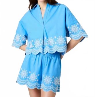 French Connection Alissa Cotton Embroidered Popover Top In Poolside Blue-White