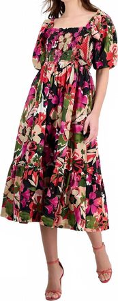 Anne Klein Womens Smocked Puff-Sleeve Midi Dress In Floral Multi
