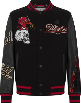 Philipp Plein Varsity Bomber With Leather Sleeves Devil Skull