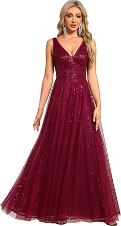 Ever-pretty Prom Dress Sequined V-Neck Sleeveless See-Through Tulle Evening Dress Burgundy 20UK