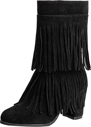 Generic European and Style Thick High Heel Womens Mid Calf Boots with Tassel and Convenient Side Zipper Design for a Fashionable (Black, 4.5)