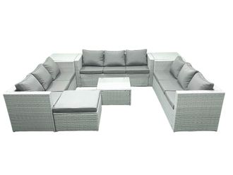 Fimous Rattan Garden Outdoor Furniture Set 10 Seater Rattan Garden Sofa Set with Big Footstool 2 Side Tables Light Grey Mixed