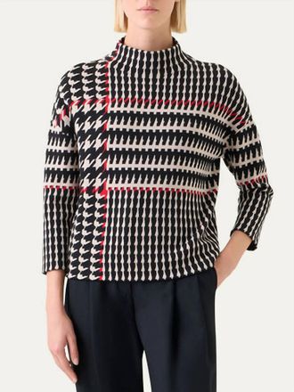 Akris Womens Knit Plaid Mock Neck Sweater In Black/cream/vermillion