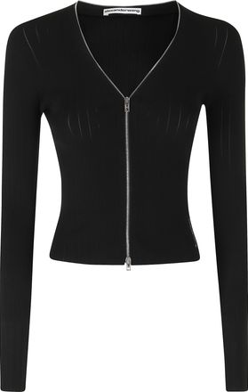 Alexander Wang Black Pointelle V-Neck Ribbed Polyamide Cardigan