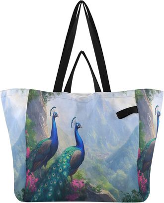 Generic Blue Peacock Mountain pattern Reusable Canvas Tote Bag, Heavy Duty Grocery Shopping Bag with Double Handles Large Capacity Hard Bottom Work Groceries 