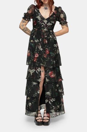 Disturbia Anara Fruit Print Tiered Gown in Black at Nordstrom, Size 16