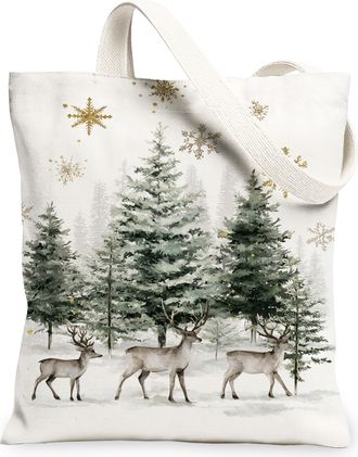 Generic Winter Deer Canvas Tote Bags, Rustic Forest Animal Pattern Reusable Grocery Bags, Lightweight Washable Shoulder Strap, White, 13x15 Inch