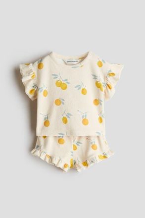 H&M 2-piece ruffled terry set in Light Beige/lemons at Nordstrom, Size Newborn