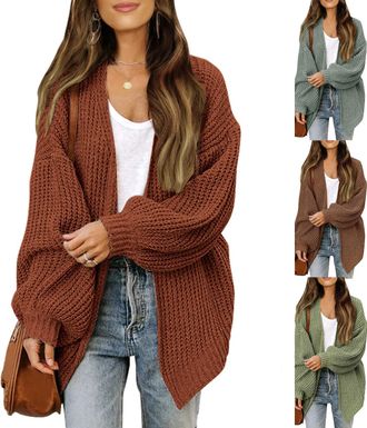 Generic Womens V Neck Open Front Long Balloon Sleeve Sweater,Crochet Cardigans for Women,Knit Sleeve Casual Loose Sweaters (Coffee,XXL)
