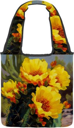 Generic Yellow Cactus Flowers Reversible Canvas Shoulder Tote - Double-Sided Print, 12oz Cotton, 27cm Drop, Fold-Flat Bag for Travel, Shopping, Street Outings