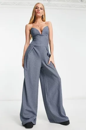 Asos Houndstooth Wide Leg Strapless Jumpsuit in Multi at Nordstrom, Size 16
