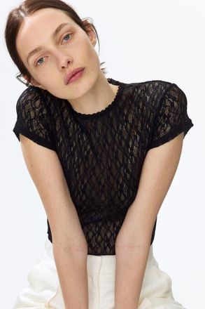H&M Lace-look jersey thong bodysuit in Black at Nordstrom, Size X-Small