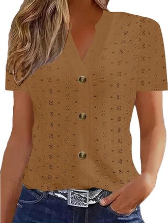 Generic Ladies Blouses, Vintage Floral Print Shirts Summer V Neck Short Sleeve Blouse Eyelet Embroidery T-Shirt Going Out Top for Women Causal Clothes Womens 