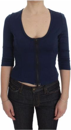 Exte Tops, Dames, Blauw, S, Katoen, Blauwe Zip Up Blouse Elegant Ontwerp
