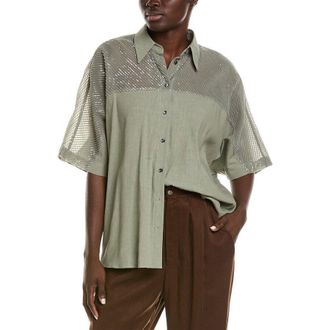 Brunello Cucinelli Sage Shirt With Sheer Sequined Yoke, Size Medium