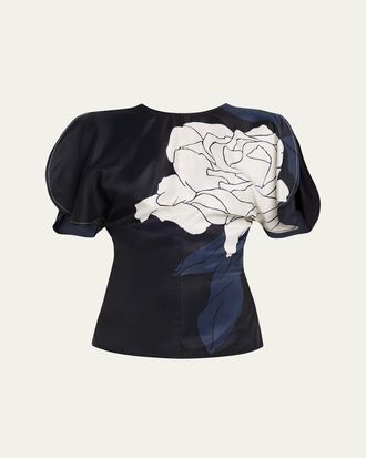 Victoria Beckham Flower-Print Satin Draped Sleeve Top