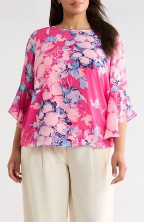 Kasper Printed Ruffle Sleeve Top in Pink Perfection Multi at Nordstrom, Size 2X