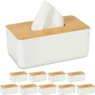 Relaxdays Set 10 Cajas Pa&ntilde;uelos, Modernas, Ba&ntilde;o, Dormitorio, Tapa De Bamb&uacute;, Pl&aacute;stico, 10 X 23 X 13 Cm, Blanco Y Marr&oacute;n Natural