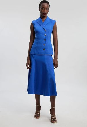 Karen Millen Womens Tailored Linen Button Front Full Midi Skirt - Blue Lyocell - Size 14 UK