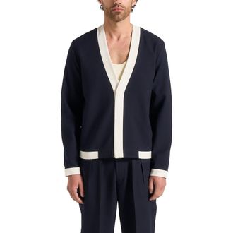 Mani&egrave;re De Voir Clovis Tailored Cardigan With Contrast Placket in Navy/white at Nordstrom, Size X-Small