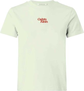 Calvin Klein Dames-T-shirt met korte mouwen, ronde hals en flockprint (Muntgroen)