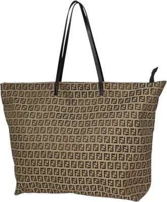 Fendi Zucchino Brown Canvas Leather Shoulder Bag Tote Bag (Pre-Owned)