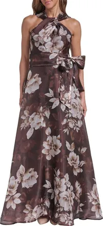Eliza J Floral Twist Neck Organza Ballgown in Chocolate at Nordstrom, Size 14