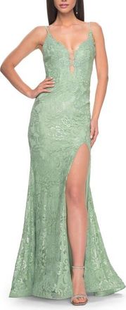 La Femme Lace Dress with Deep V-Neck and Rhinestones in Sage at Nordstrom, Size 12