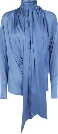 Balmain Blouse met open halslijn van gedrapeerde zijde - Dames - Blouses - Blauw - S - Overhemden
