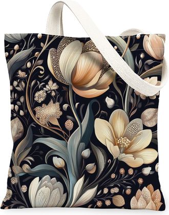 Generic Spring Aesthetic Tulip Canvas Tote Bag for Shopping 13x15, Retro Flower Garden Reusable Grocery Print Pattern Bag for Women, Floral Wildflower Beach A