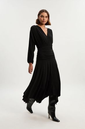 Karen Millen Womens Stretch Drapey Crepe Ruched Plunge Neck Batwing Sleeve Maxi Dress - Black - Size X-Small