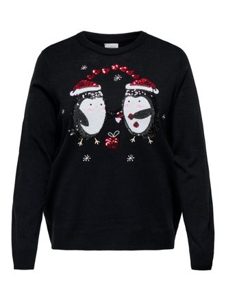 Only Carmakoma Weihnachtspullover ONLY CARMAKOMA CARXMAS SHINE LS ONECK KNT, Damen, Gr. M, schwarz detail:penguin, Strick, Obermaterial: 100% Polyacryl, gemustert, r