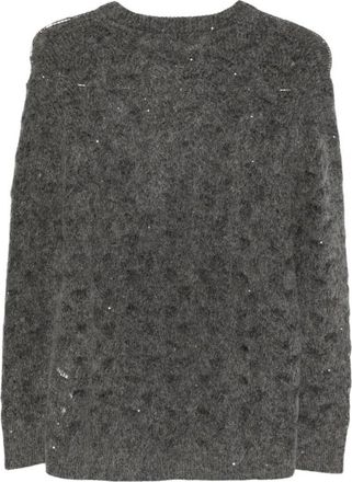 Seventy Trui met open breisel en pailletten - Dames - Ronde hals truien - Grijs - S - Pailletten - Truien & Vesten