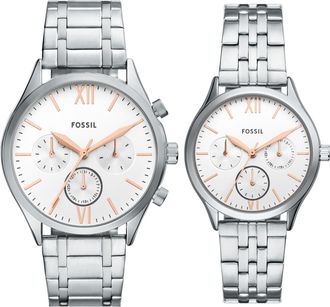 Fossil Mens Fenmore 44mm Multifunction Silver-Tone Bracelet Watch Set