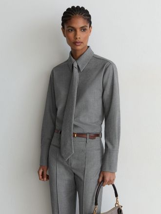 Reiss Grey Woven Neck-tie Long-sleeve Shirt, 10