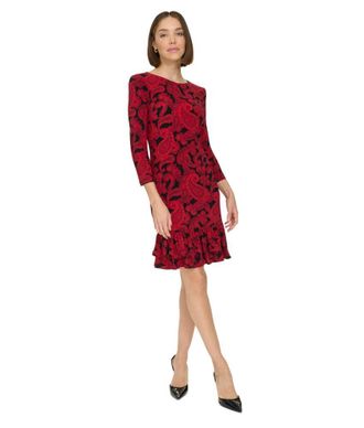 Tommy Hilfiger Womens 3/4 Sleeve High Neck Ruffle Trim Jersey Mini Dress, Black/Red, 10