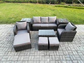 Fimous Rattan Garden Furniture Set Patio Outdoor Lounge Sofa Set with Rectangular Coffee Table 3 Footstools in Dark Grey