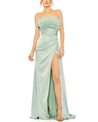 Mac Duggal Strapless Feather Detail Satin Gown