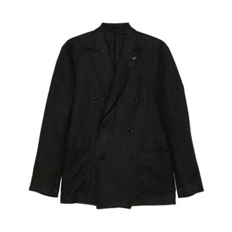 Lardini Blazers, male, Black, Size: XL Double-Breasted Linen Blazer