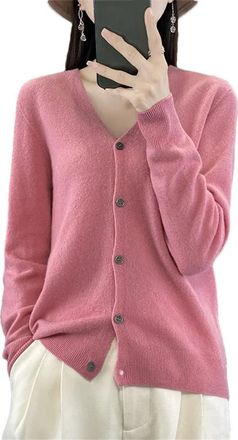 Generic Women 100% Merino Wool Cardigan Soft V Neck Jumper Buttoned Knitwear Casual Sweater Shirt Shrimp Pnnrk M