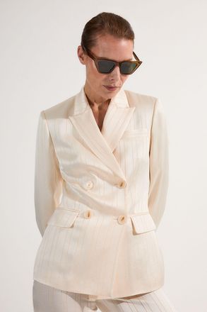 Karen Millen Womens Premium Satin Pinstripe Tuxedo Oversized Tailored Blazer - White - Size 12 UK