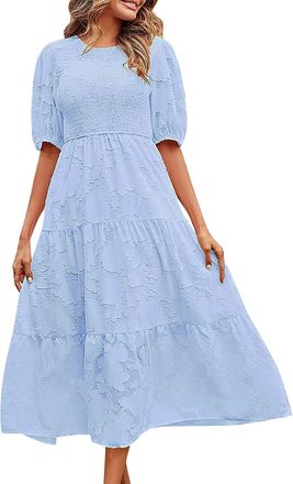 Generic Dusky Pink Womens 2023 Summer Crew Neck Pleated Puff Sleeve Layered Floral Dress, lightblue, XL