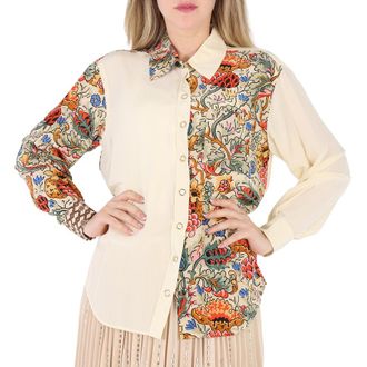 Burberry Ladies Vanilla Juliette Floral-print Paneled Silk Oversized Shirt, Brand Size 8 (US Size 6)