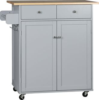 HOMCOM Rolling Kitchen Island - Utility Serving Cart with Rubber Wood Top Grey | TJ Hughes
