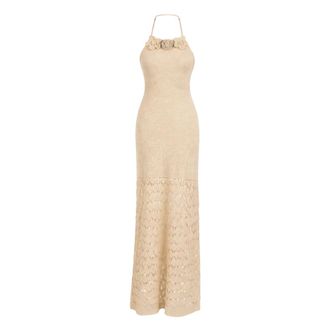 Twinset Knitted Dresses, female, Beige, Size: XS Long Crochet Knit Dress