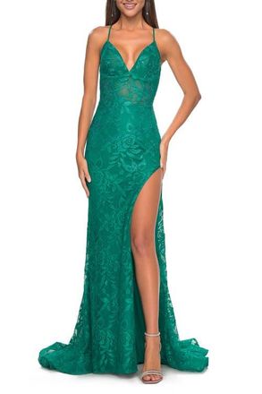 La Femme Rhinestone Lace Embellished Prom Dress with High Side Slit in Bright Colors in Jade at Nordstrom, Size 12